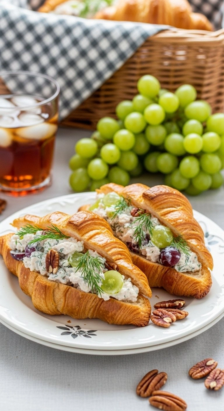 Flaky Chicken Salad Croissants Filled With Grapes, Pecans, And Dill On A Ceramic Plate, Perfect For A Luxurious Picnic.