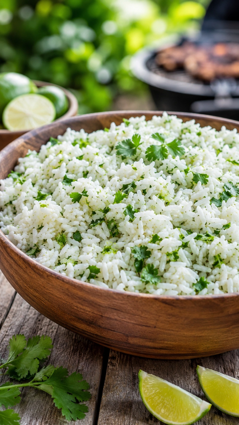 Fluffy cilantro lime rice garnished with fresh herbs and lime zest in a rustic bowl on a wooden garden table.