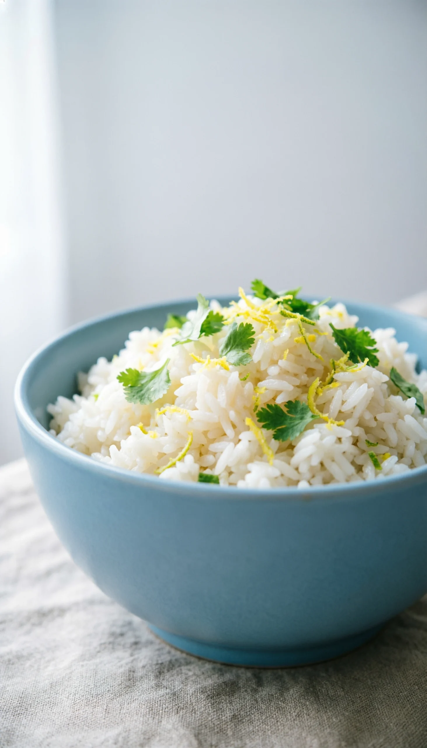 Fluffy coconut lime rice garnished with fresh cilantro and lime zest in a light blue ceramic bowl on neutral linen.