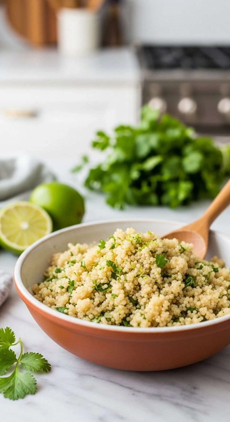 Fluffy Cooked Quinoa With Fresh Cilantro And Lime Zest In A Rustic Ceramic Bowl On A White Marble Kitchen Countertop.