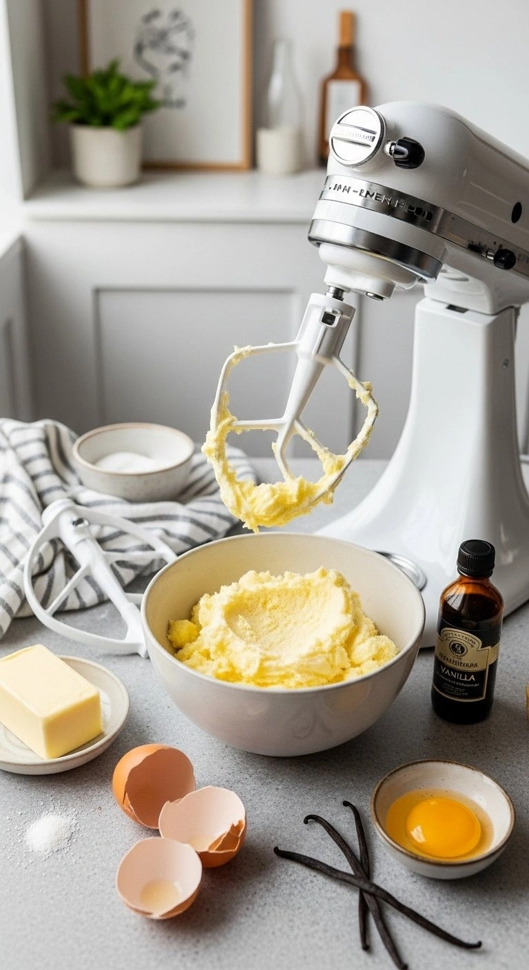 Fluffy Creamed Butter And Sugar In A Mixing Bowl With Fresh Eggs And Vanilla Extract On A Clean Stone Surface Flat Lay.