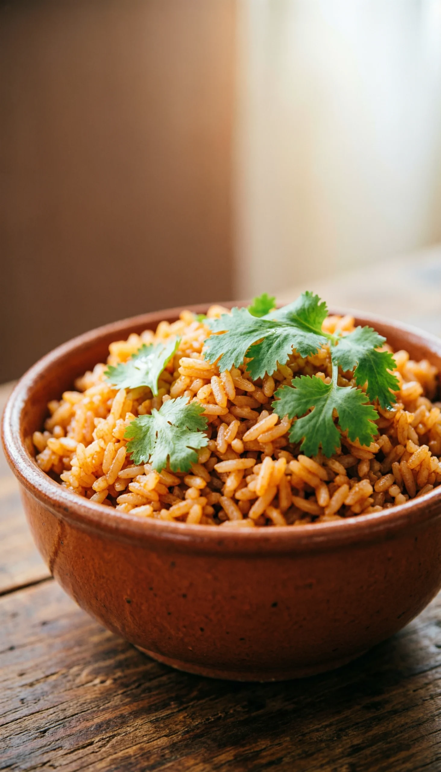 Fluffy orange Mexican rice garnished with fresh cilantro in a traditional terracotta bowl on a rustic wooden table.