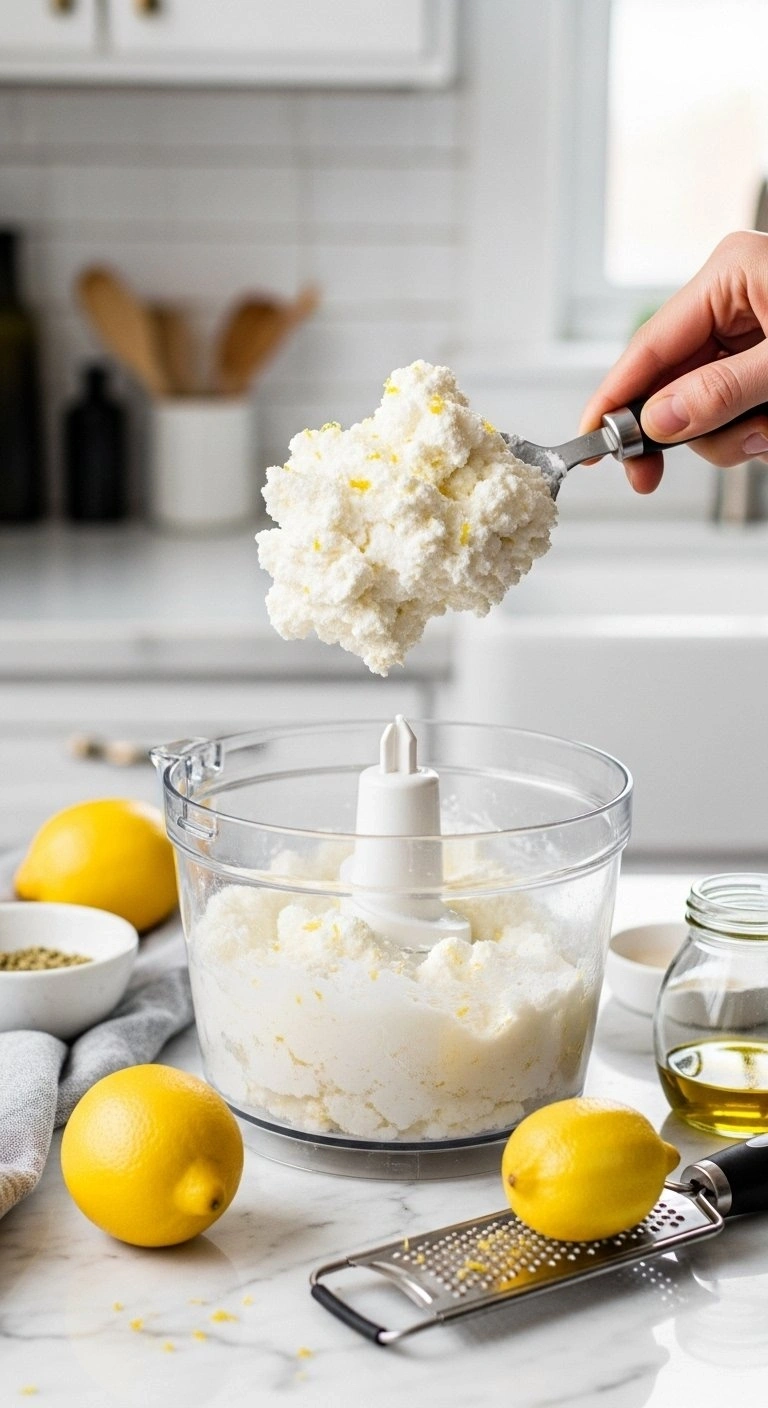 Fluffy Whipped Ricotta Cheese With Yellow Lemon Zest Being Scooped From A Food Processor On A White Marble Countertop.