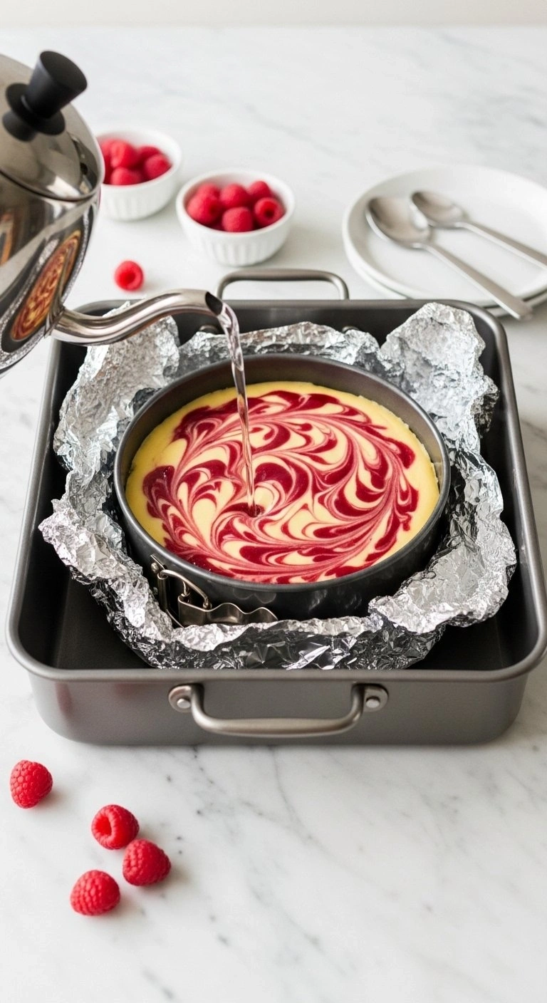Foil-Wrapped Springform Pan With Raspberry Swirl Cheesecake Batter Sitting In A Roasting Pan For A Water Bath.