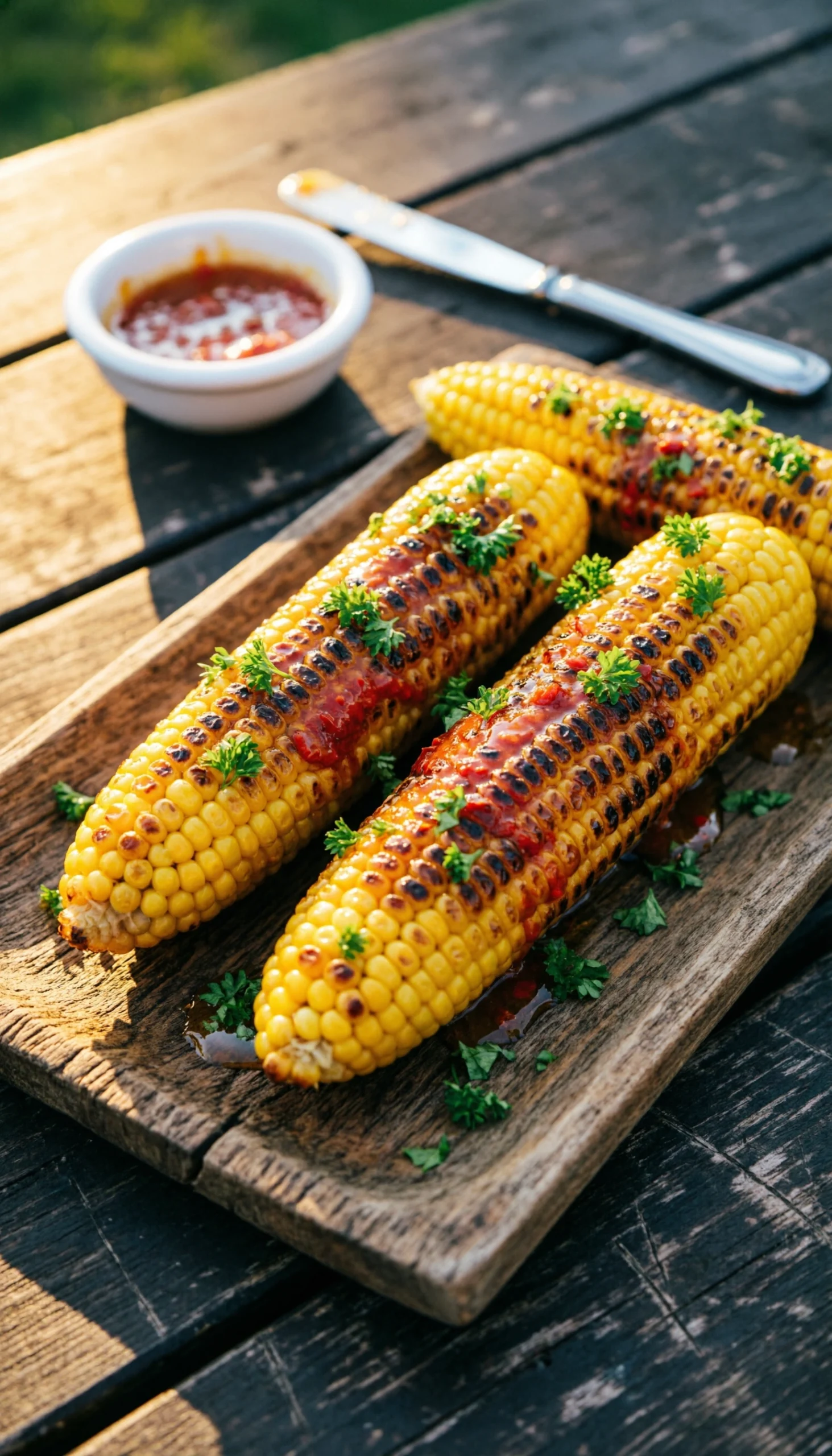Four cobs of grilled corn with smoky paprika butter and parsley on a wooden platter for a summer BBQ.