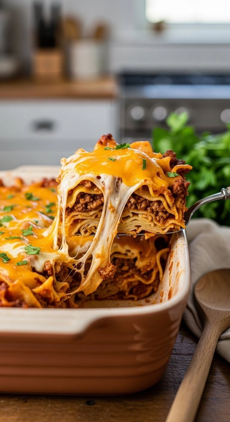 Fresh Amish Hamburger Casserole With Egg Noodles, Ground Beef, And Melted Cheddar Cheese In A Rustic Ceramic Dish.