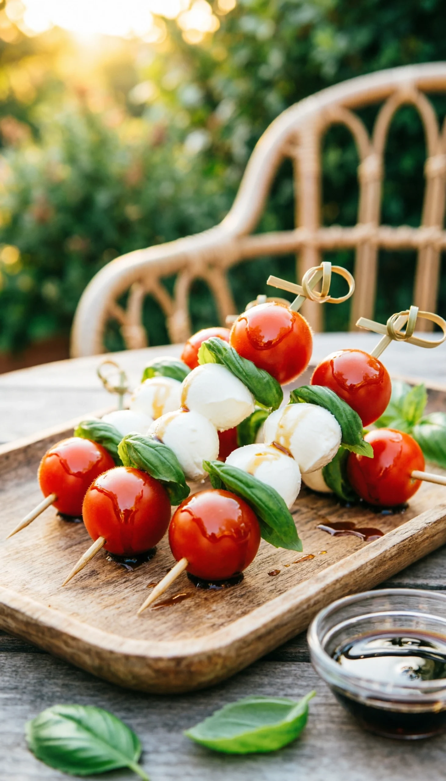 Fresh Caprese salad skewers with cherry tomatoes, mozzarella, and basil drizzled with balsamic glaze on a wooden platter.