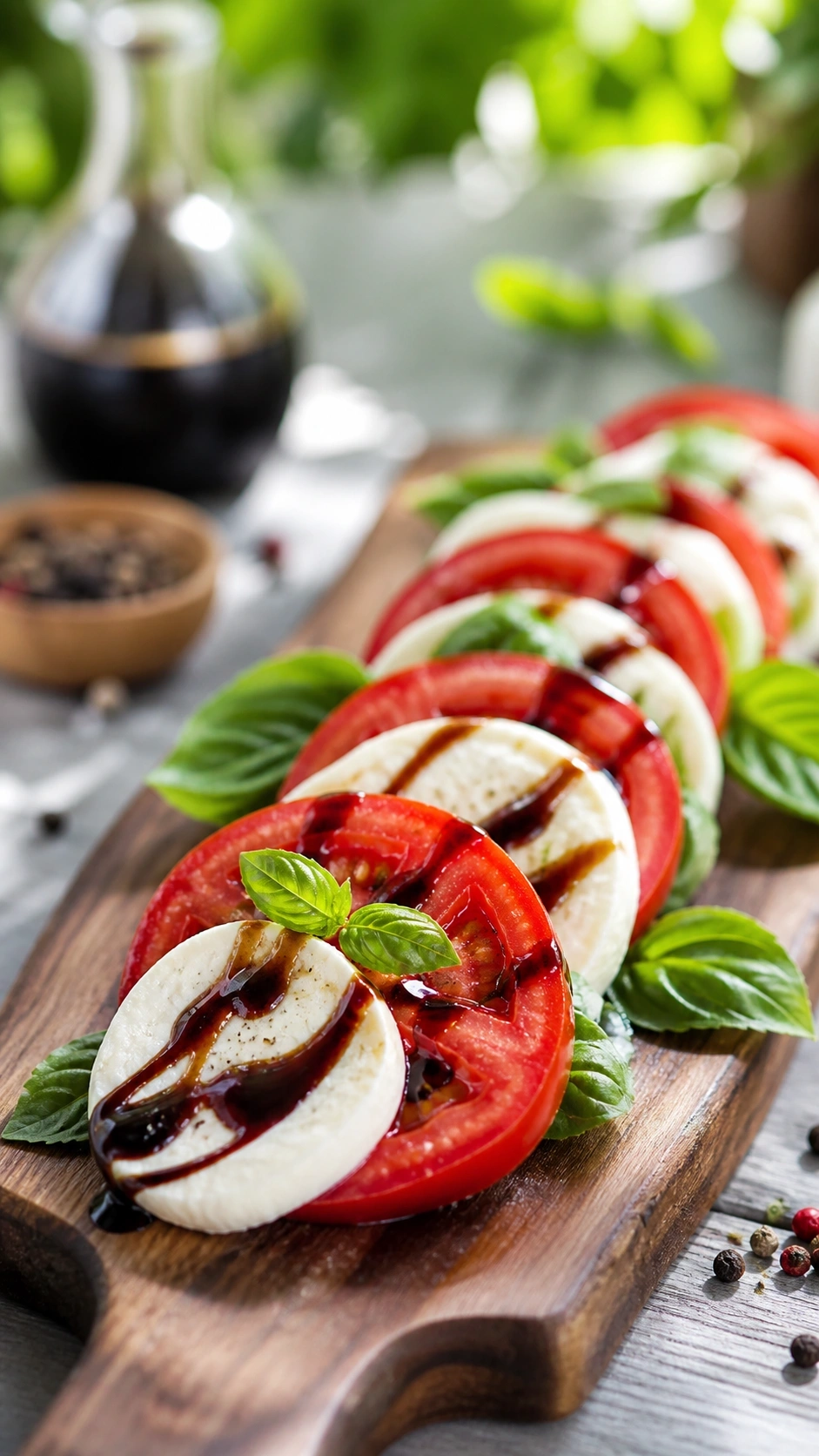 Fresh Caprese salad with red tomatoes, mozzarella, basil, and balsamic reduction on a wooden serving board in a garden setting.
