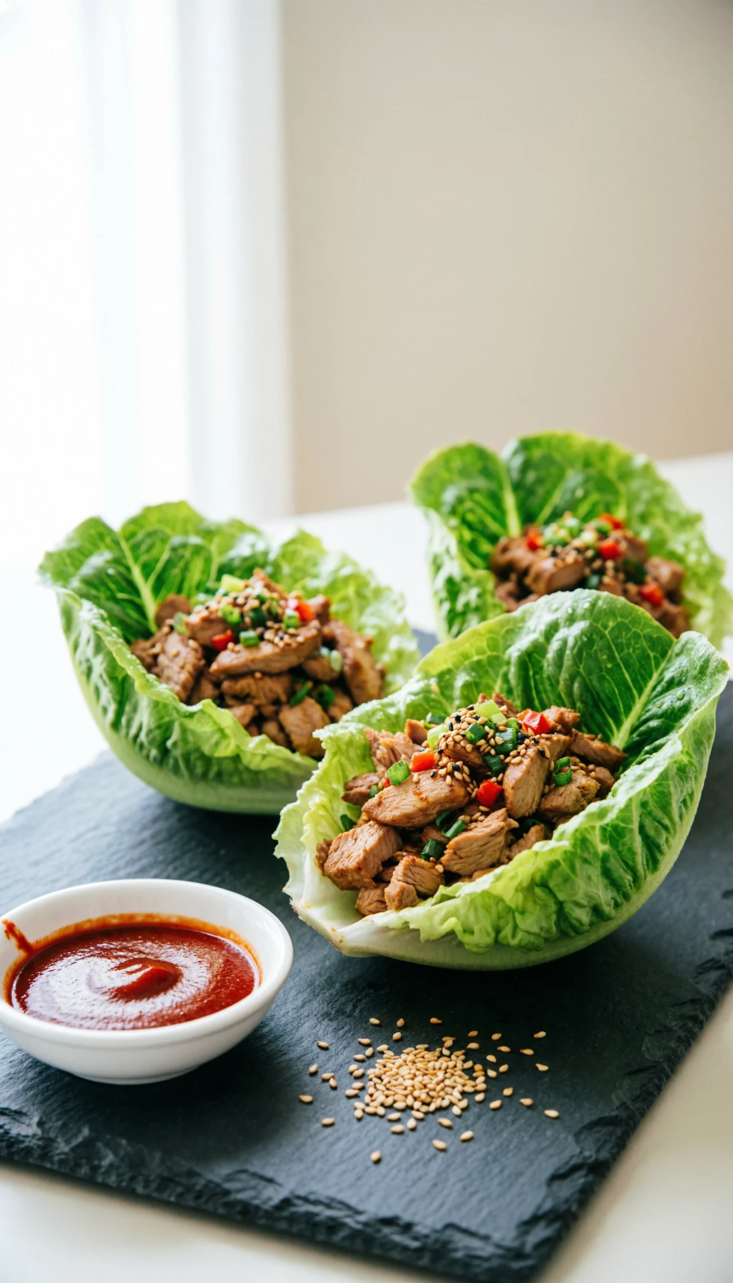 Fresh Korean ground turkey lettuce wraps garnished with sesame seeds on a dark slate platter with dipping sauce.