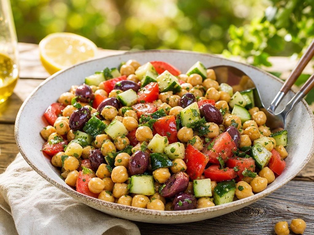 Fresh Mediterranean chickpea salad with cucumbers, olives, and tomatoes in a dressing on a rustic wooden table.