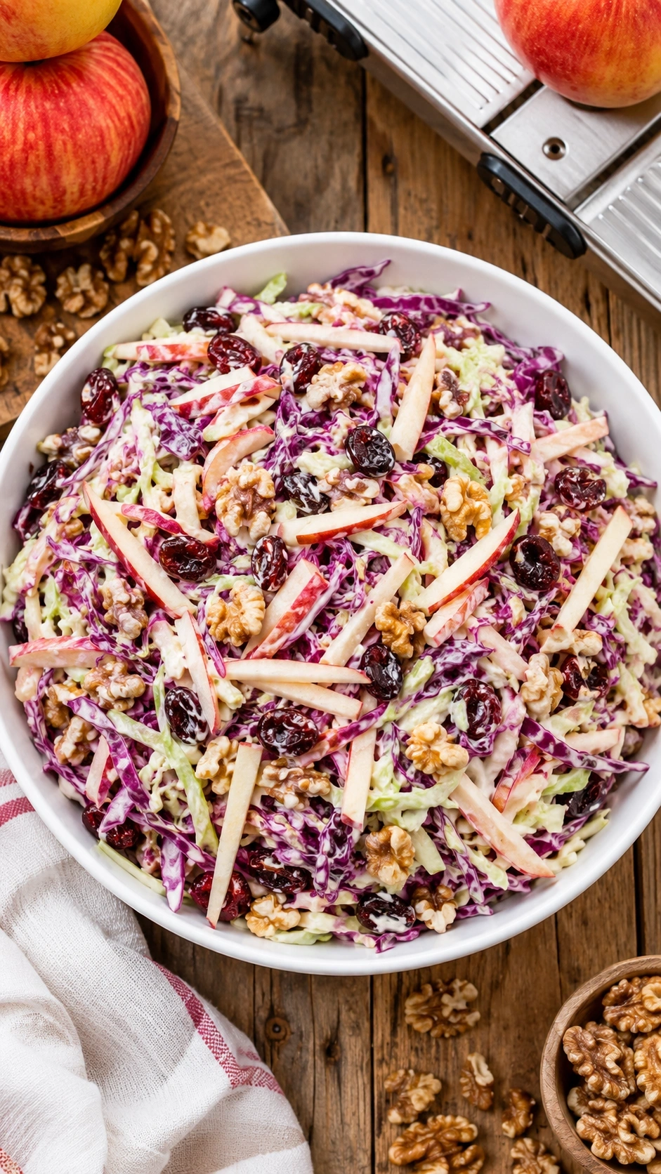 Fresh apple cranberry slaw with shredded cabbage and walnuts in a creamy dressing on a rustic wooden table.