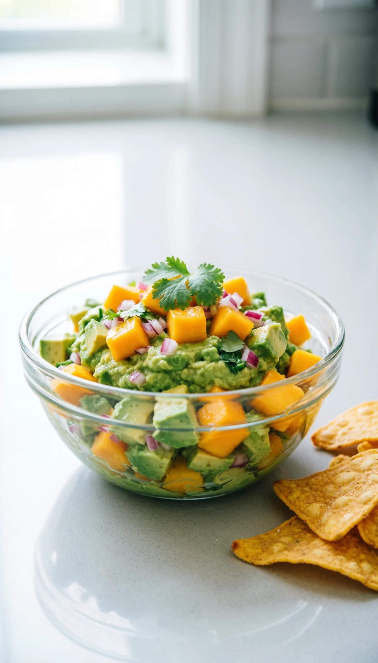 Fresh avocado mango salsa with red onion and cilantro in a glass bowl served with crunchy corn tortilla chips.