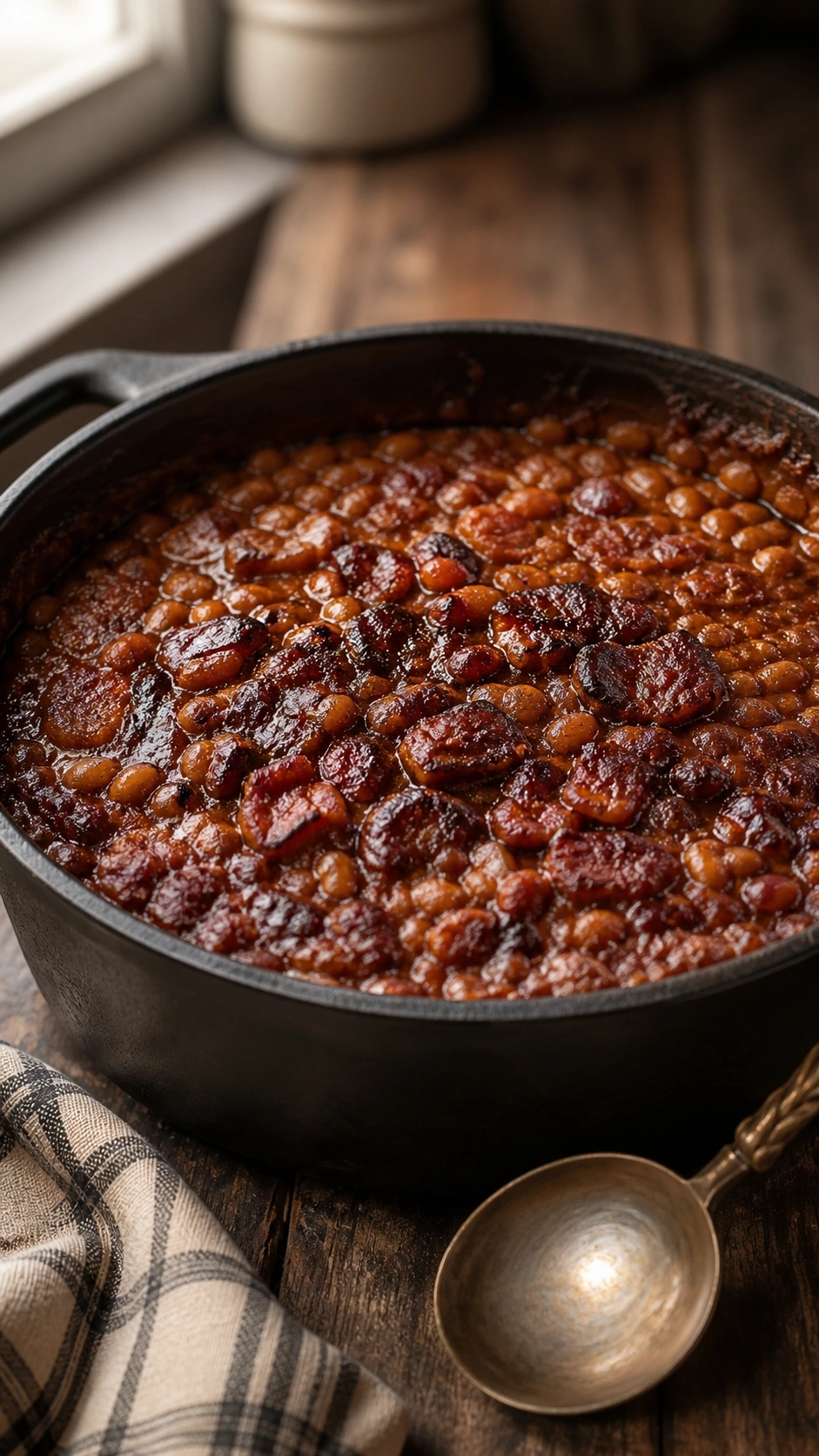 Fresh baked beans with a caramelized crust and bacon bits bubbling in a black cast iron skillet on a wooden table.