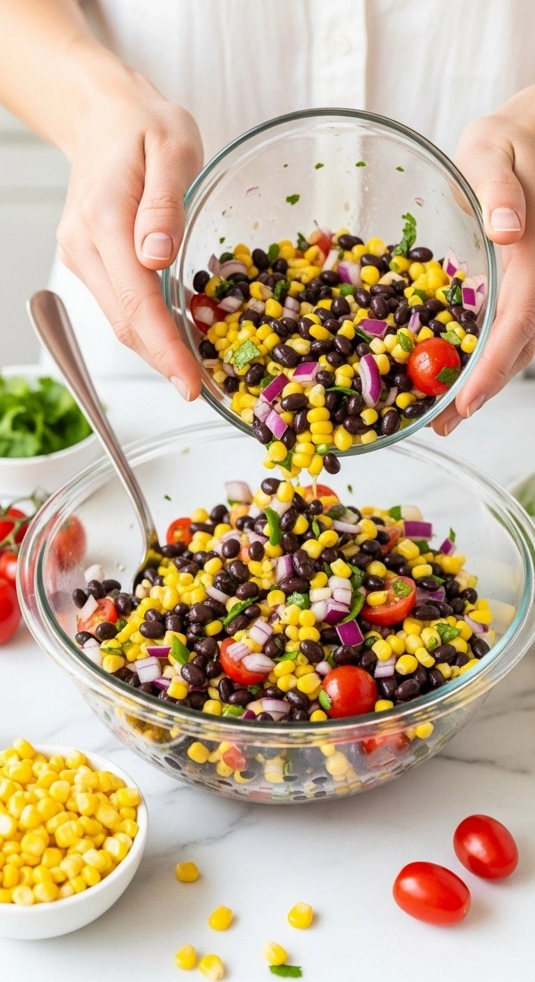 Fresh Black Bean And Corn Salsa With Red Onions And Cherry Tomatoes In A Glass Bowl On A White Marble Countertop.