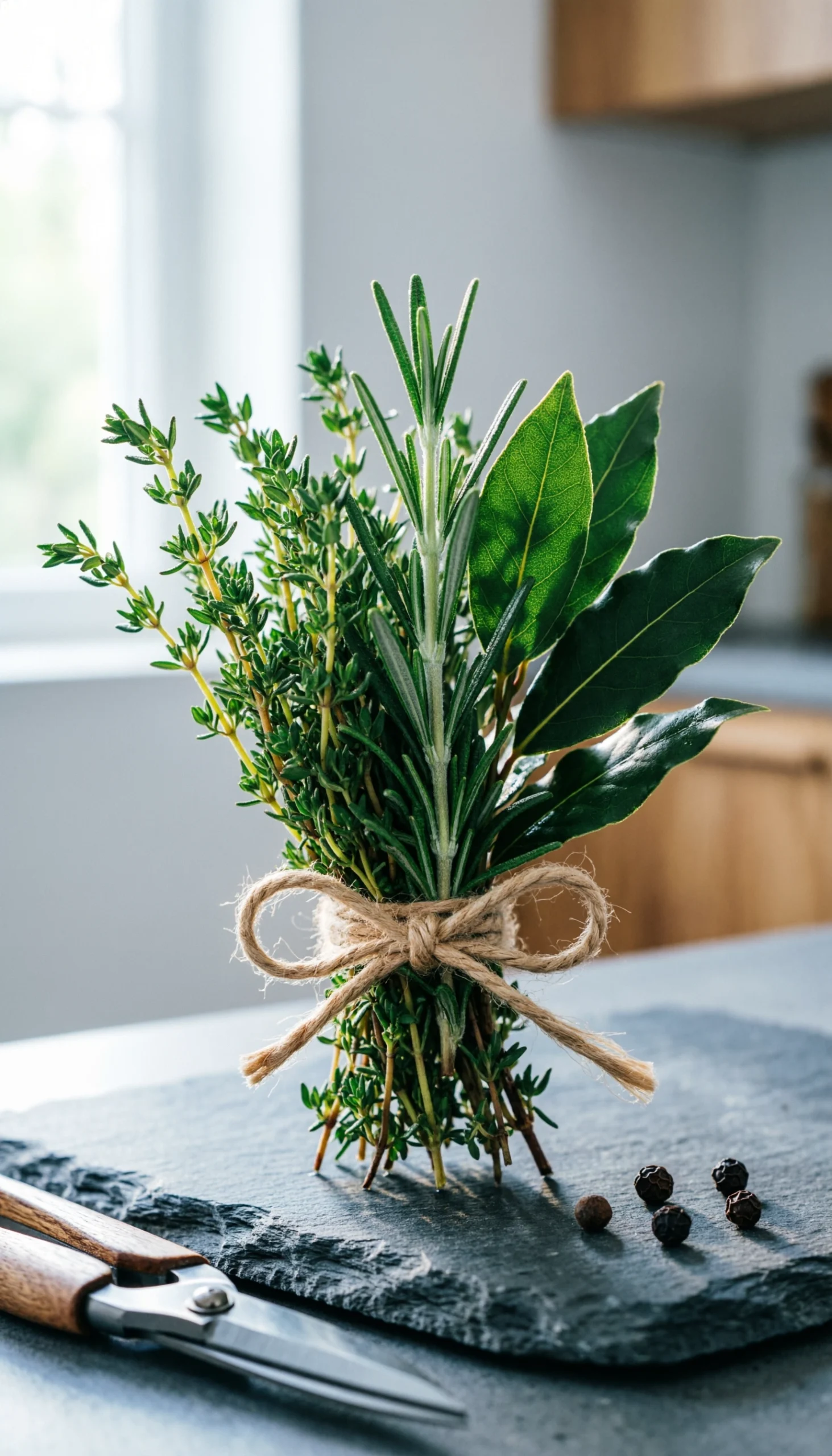 Fresh bouquet garni bundle of thyme, rosemary, and bay leaves tied with twine on a dark slate kitchen surface.
