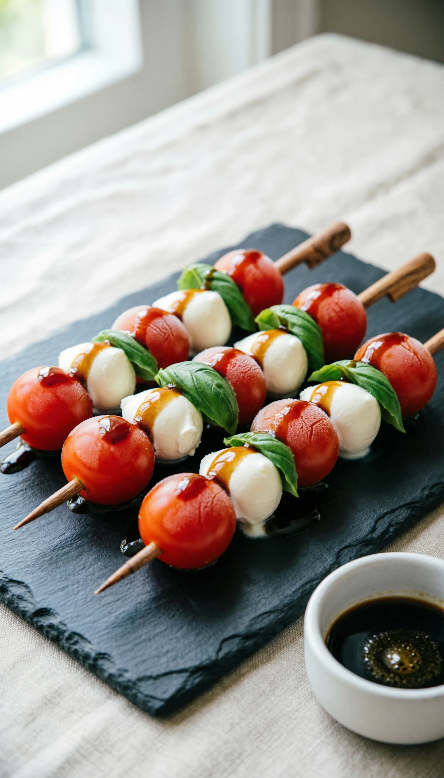 Fresh Caprese Salad Skewers With Mozzarella, Cherry Tomatoes, And Balsamic Glaze On A Dark Slate Platter.