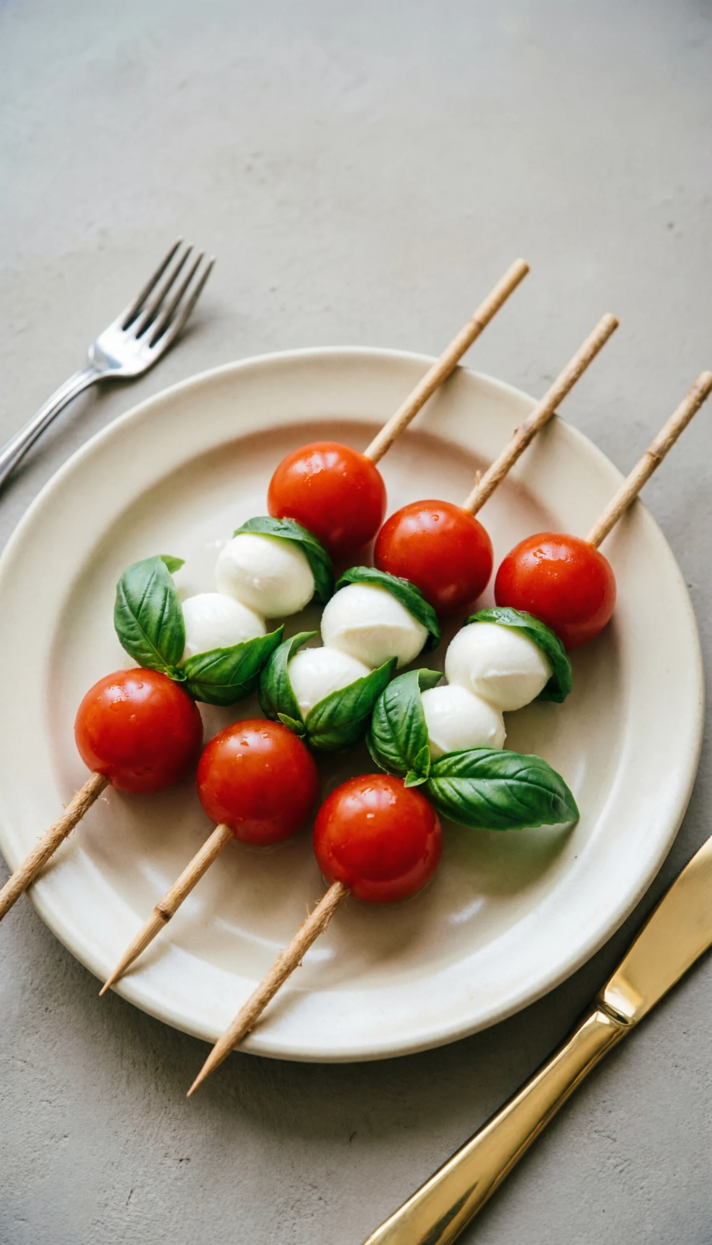 Fresh caprese skewers with cherry tomatoes, basil, and mozzarella on a white platter for an elegant appetizer.