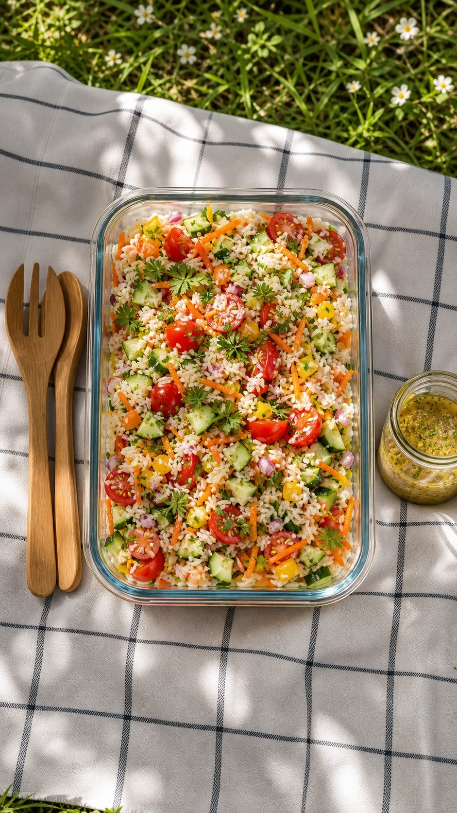 Fresh chilled veggie rice salad with cherry tomatoes and cucumbers in a glass bowl on a picnic blanket in a park.