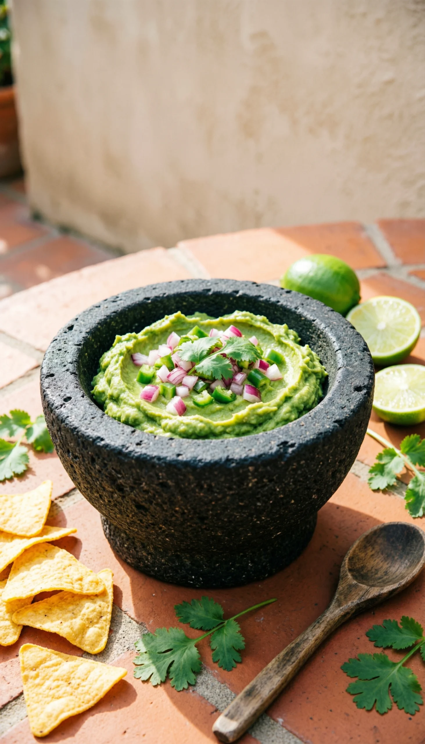 Fresh, chunky guacamole with red onions and cilantro in a stone molcajete, served with artisan tortilla chips.
