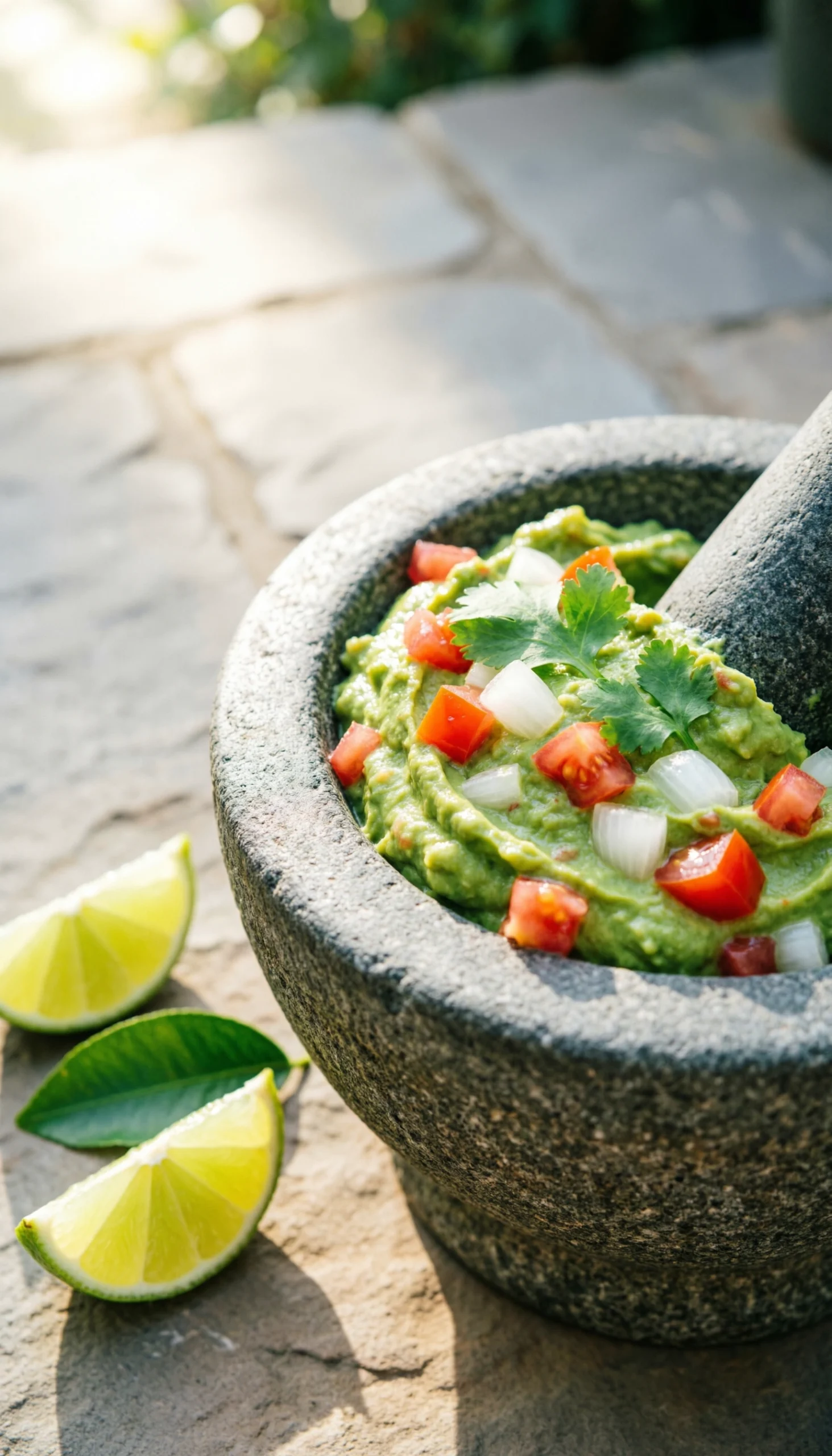 Fresh chunky guacamole with tomatoes and cilantro served in a stone mortar on a patio during a bright day.