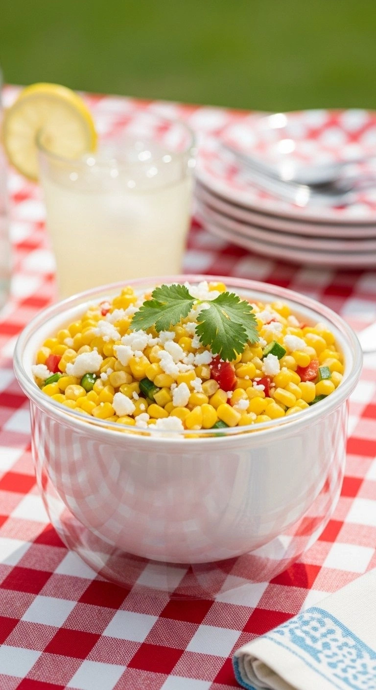 Fresh Creamy Corn Salad Garnished With Cotija Cheese And Cilantro In A Bowl On A Red And White Checkered Tablecloth.