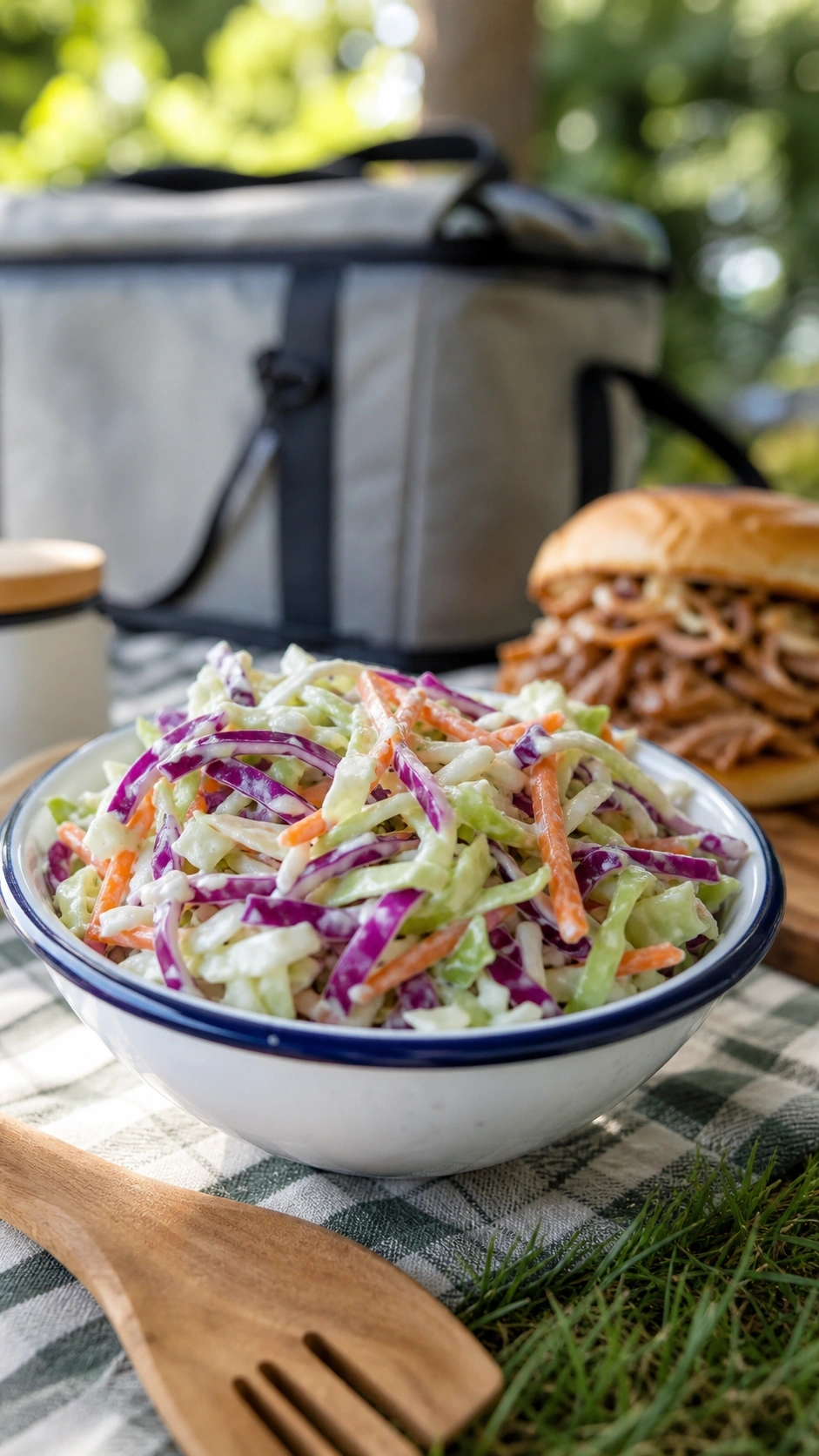 Fresh, crunchy camping coleslaw with green and purple cabbage in an enamel bowl on a checkered picnic blanket.
