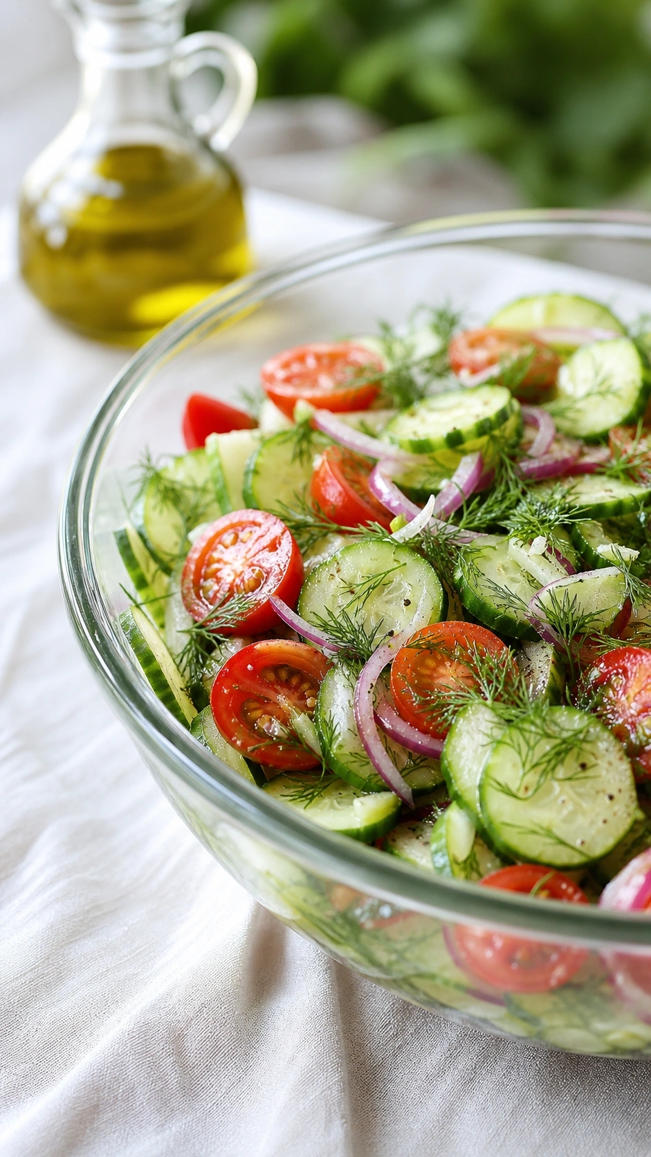 Fresh cucumber tomato salad with red onion and dill in a glass bowl on a simple white tablecloth.