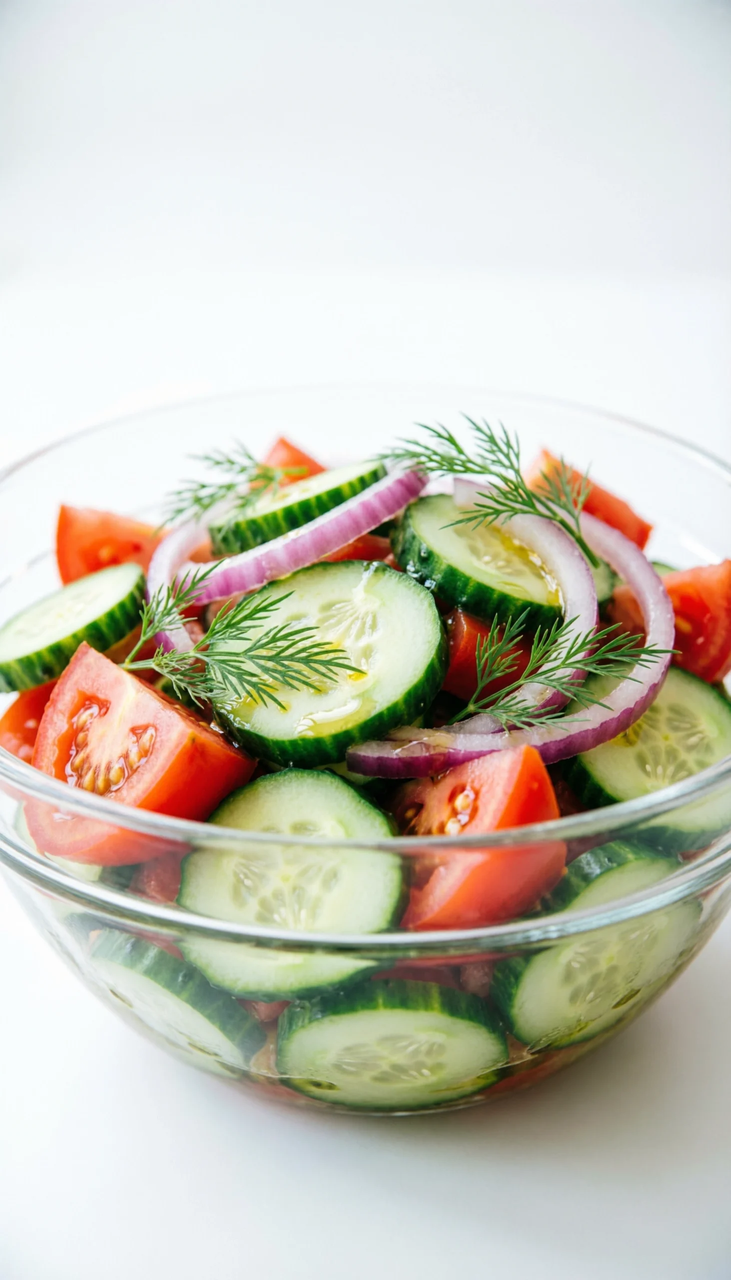 Fresh cucumber tomato salad with red onion and dill in a glass bowl on a white surface with bright natural lighting.
