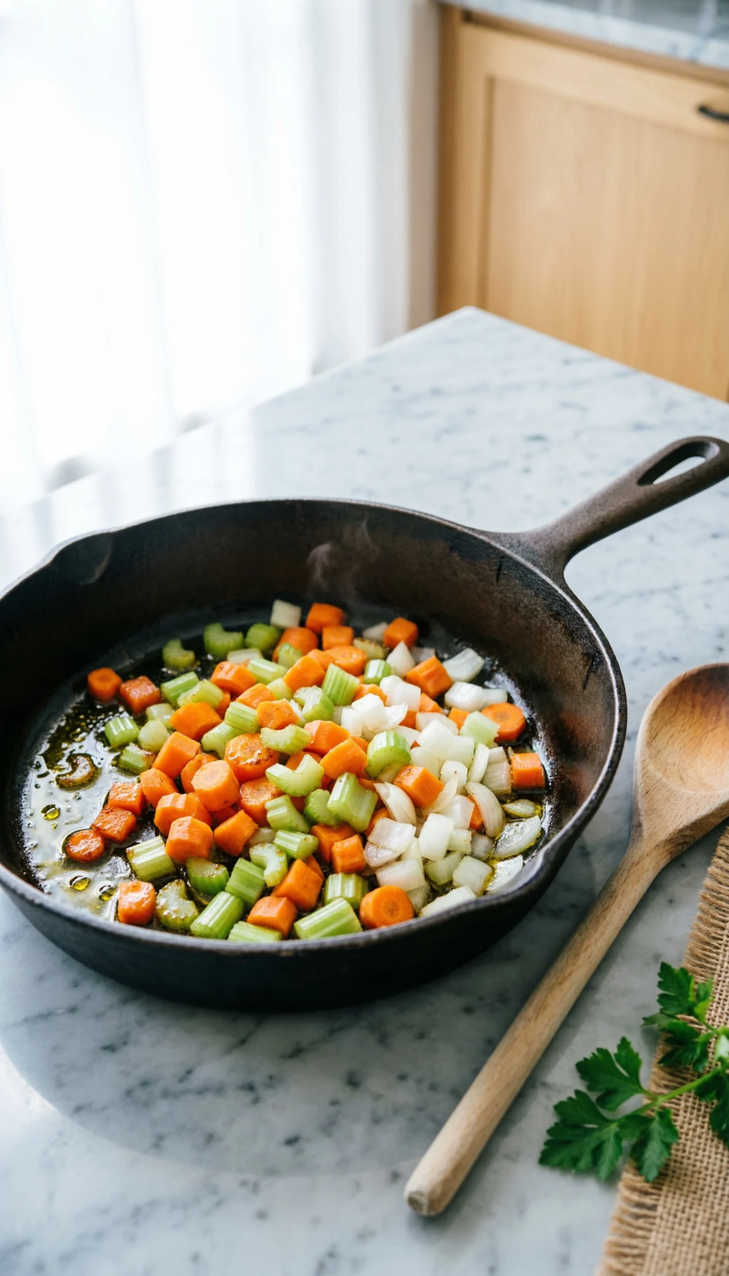 Fresh diced carrots, celery, and onions sautéing in a cast iron dutch oven for a classic mirepoix vegetable base.