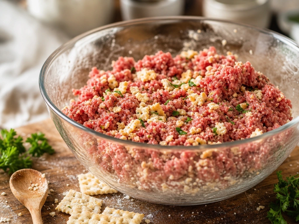 Fresh ground beef mixed with saltine cracker crumbs in a glass bowl on a floured rustic kitchen butcher block.