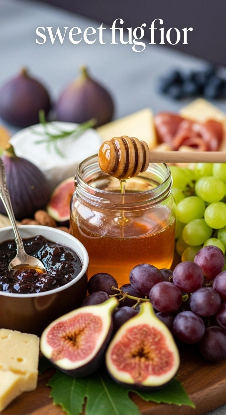 Fresh Halved Figs, Cascading Green Grapes, And Golden Honey With A Wooden Dipper On A Rustic Wooden Grazing Board.
