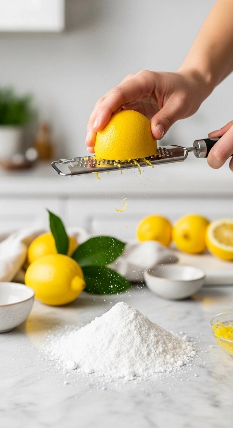 Fresh Lemon Zest Grated Over White Powdered Sugar With A Stainless Steel Microplane On A Marble Kitchen Counter.