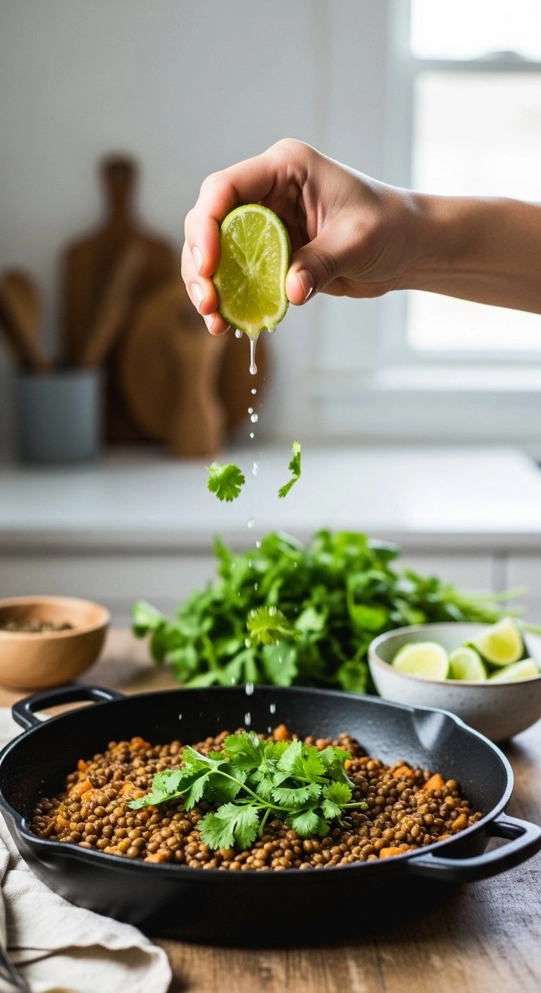 Fresh Lime Juice And Chopped Cilantro Garnish A Steaming Lentil Skillet For A Vibrant And Healthy Vegetarian Meal.