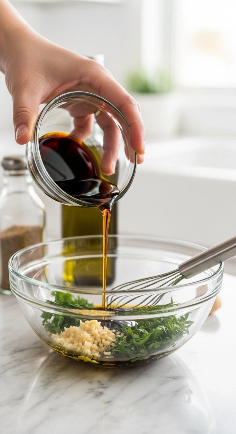 Fresh Marinade Ingredients Like Soy Sauce, Garlic, And Herbs Being Mixed In A Clear Glass Bowl On Marble.