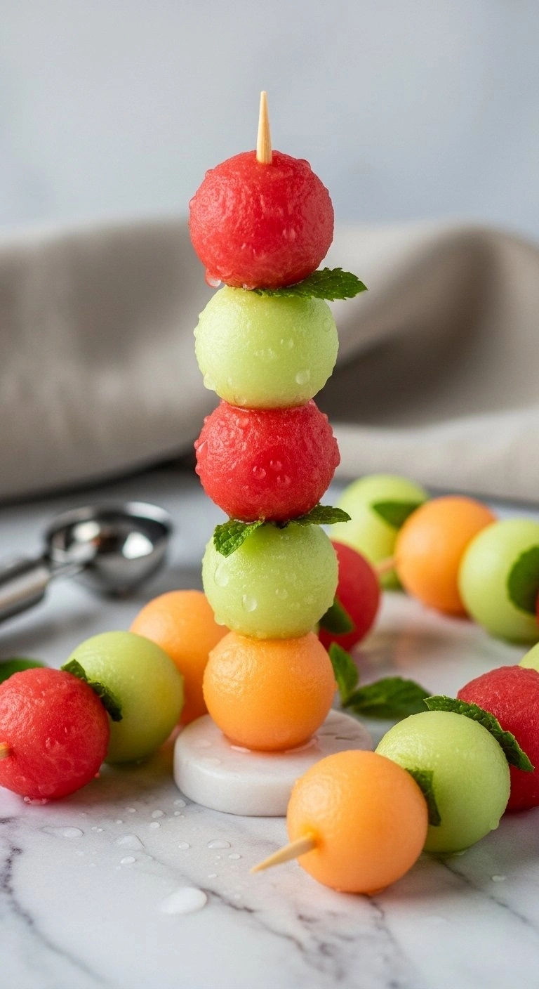 Fresh Melon Ball Fruit Skewers With Mint On A Marble Countertop, Featuring Watermelon, Honeydew, And Cantaloupe Spheres.