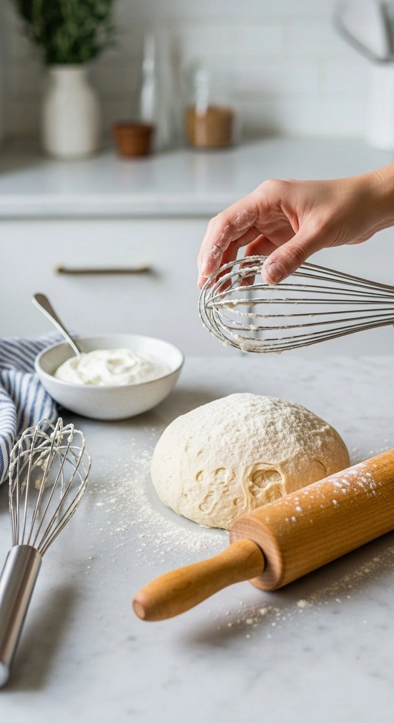 Fresh No-Yeast Pizza Dough Ball Resting Beside A Wooden Rolling Pin With A Dusting Of Flour On A Marble Countertop.