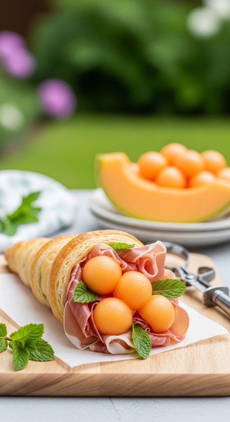 Fresh Prosciutto And Cantaloupe Melon Bread Cone Garnished With Mint Leaves For A Vibrant Spring Garden Party.