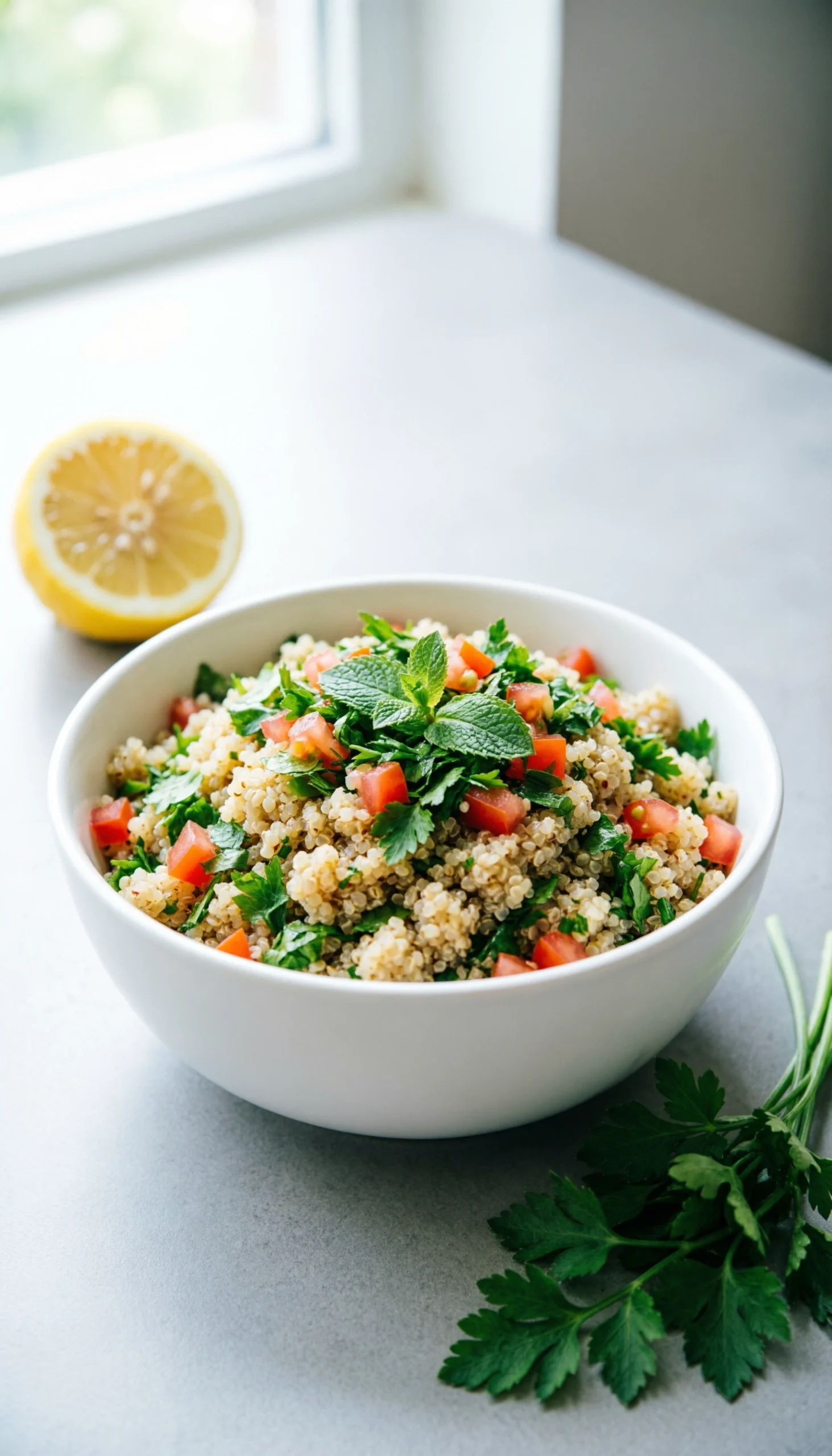 Fresh quinoa tabbouleh salad with chopped parsley, mint, and tomatoes in a minimalist white bowl on a gray surface.