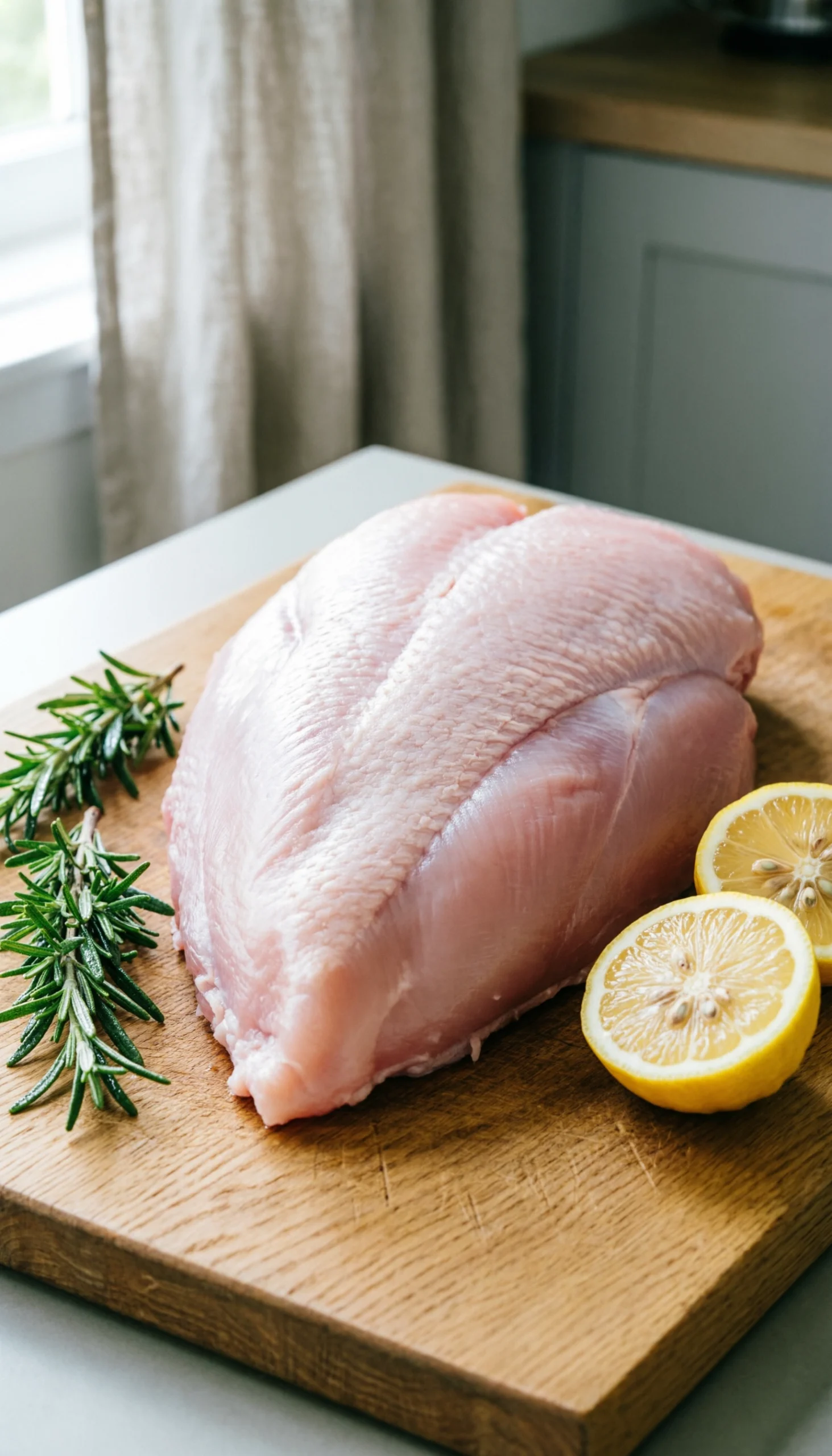 Fresh raw boneless turkey breast on a rustic wooden carving board with rosemary and lemon for holiday cooking.