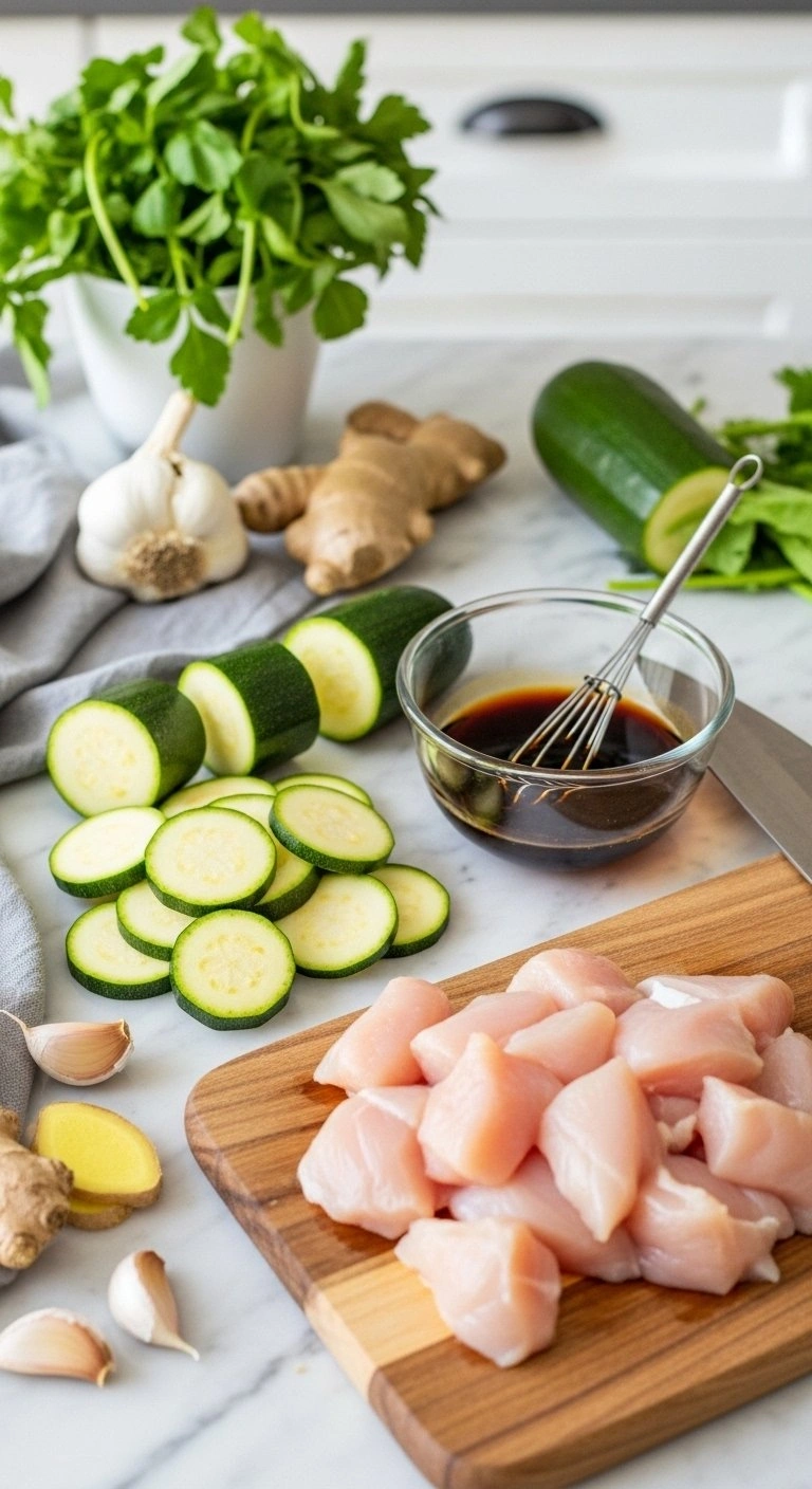 Fresh Sliced Zucchini, Raw Chicken Breast, And Teriyaki Sauce Prepared For Stir Fry On A Marble Kitchen Countertop.