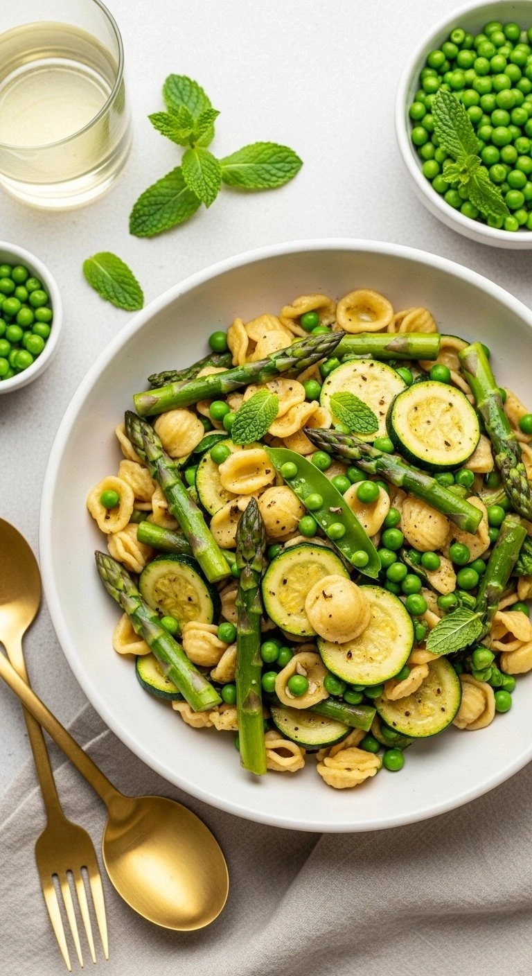 Fresh Spring Orecchiette Pasta Primavera With Asparagus, Sweet Peas, And Zucchini In A White Ceramic Serving Bowl.