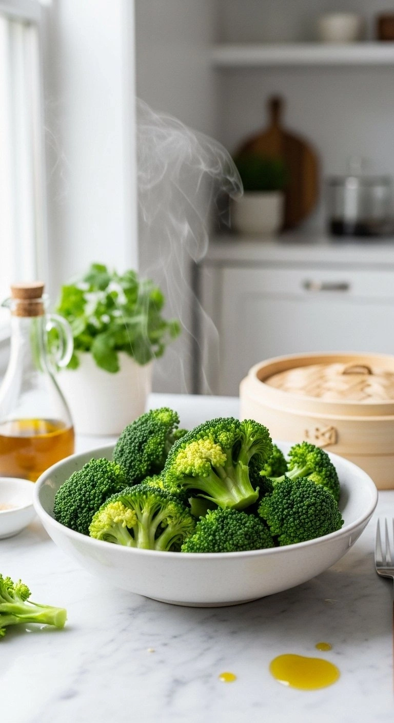 Fresh Steamed Emerald Green Broccoli Florets In A Ceramic Bowl On A Marble Countertop With A Bamboo Steamer Nearby.