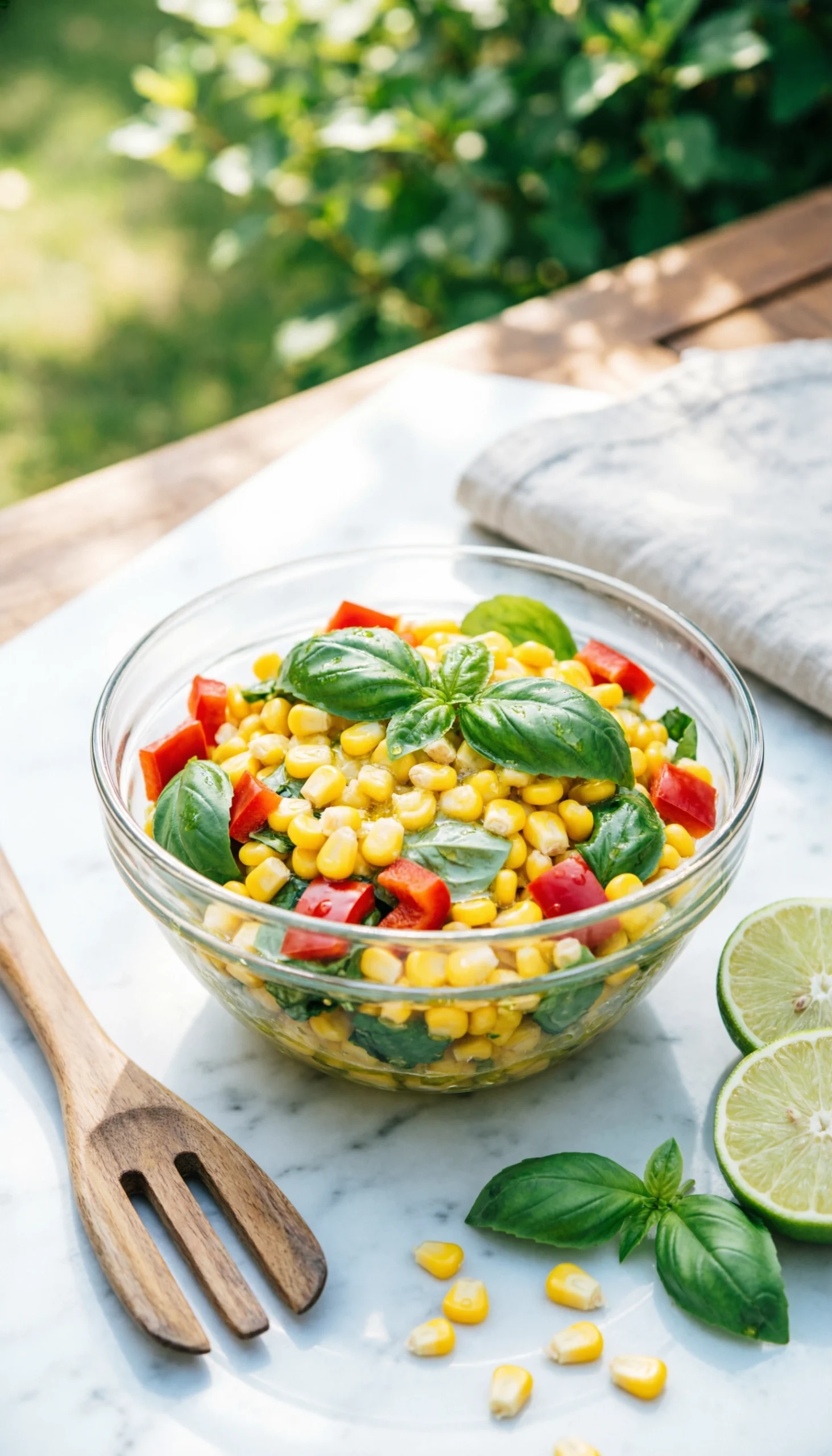 Fresh summer corn salad with red bell peppers and basil in a glass bowl on a white marble countertop at an outdoor picnic.