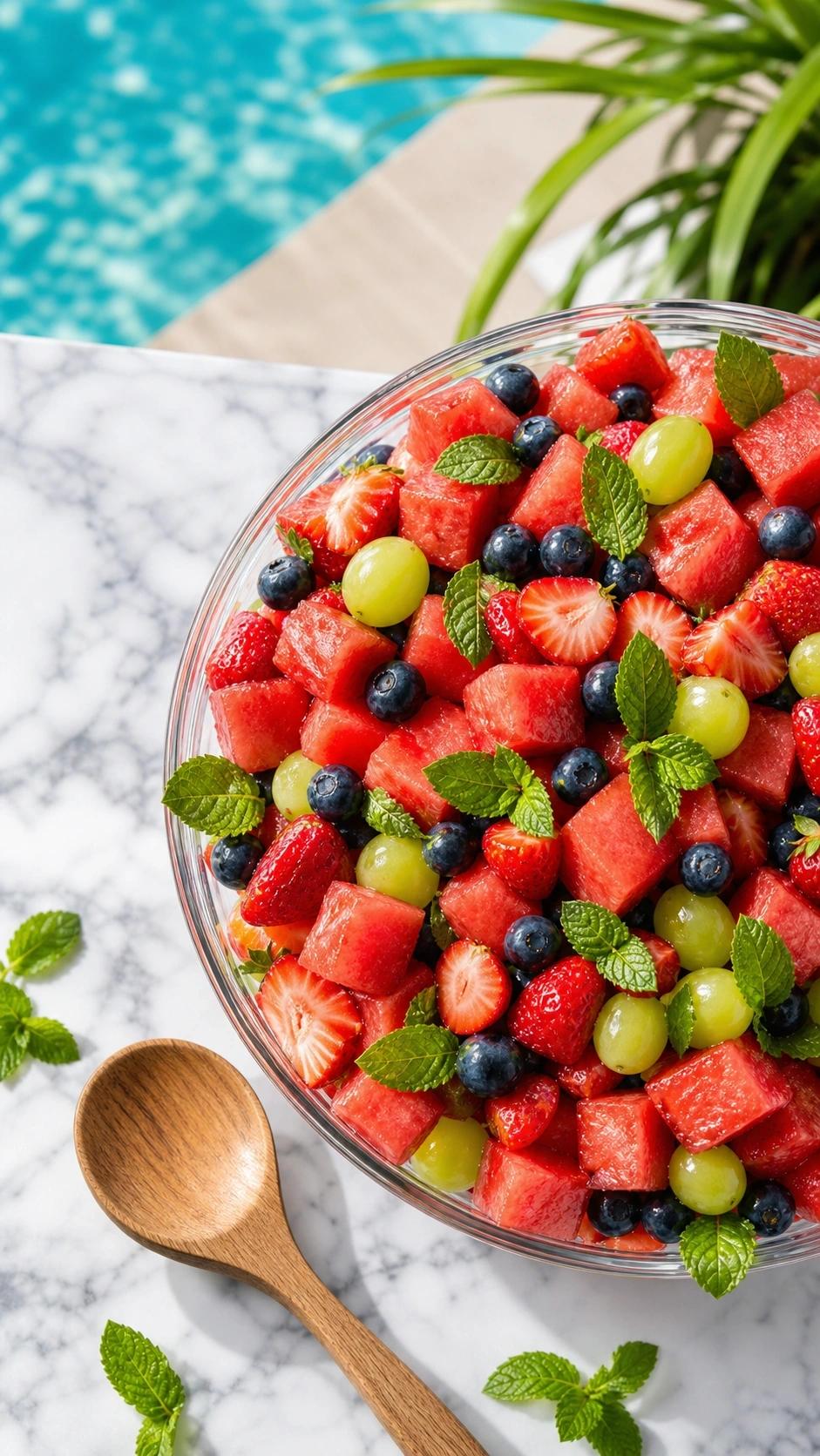 Fresh summer fruit salad with watermelon, strawberries, blueberries, and grapes, served in a clear glass bowl.