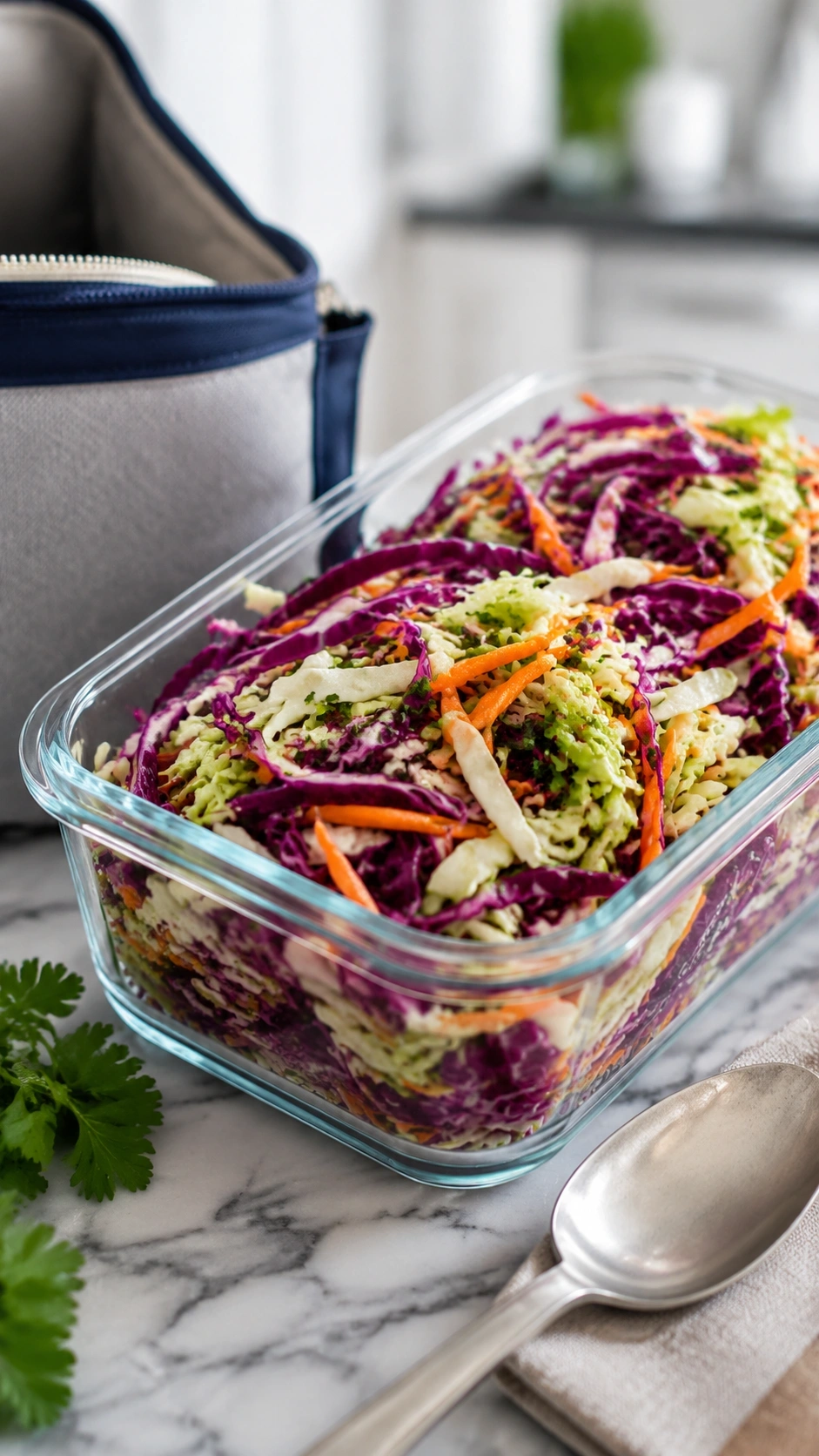 Fresh vinegar-based coleslaw with purple and green cabbage ribbons and carrots in a sleek glass container.