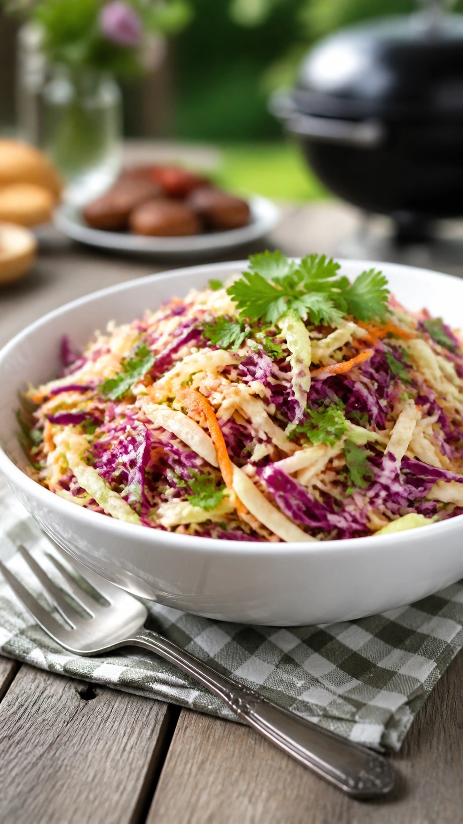 Fresh vinegar coleslaw with shredded green and purple cabbage in a white bowl on a rustic wooden picnic table.