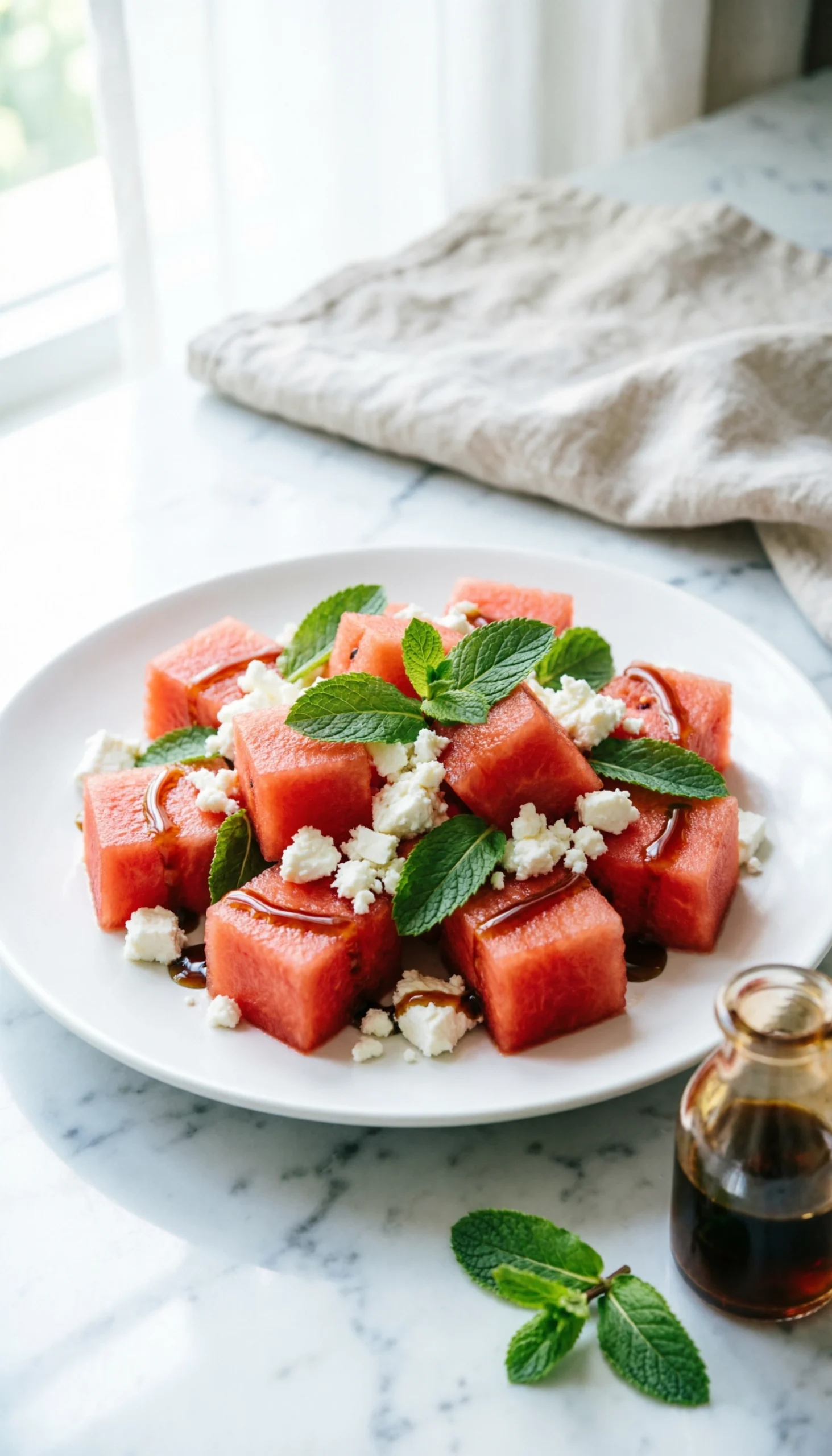 Fresh Watermelon And Feta Salad, Topped With Green Mint Leaves And Balsamic Glaze, On A White Marble Countertop.
