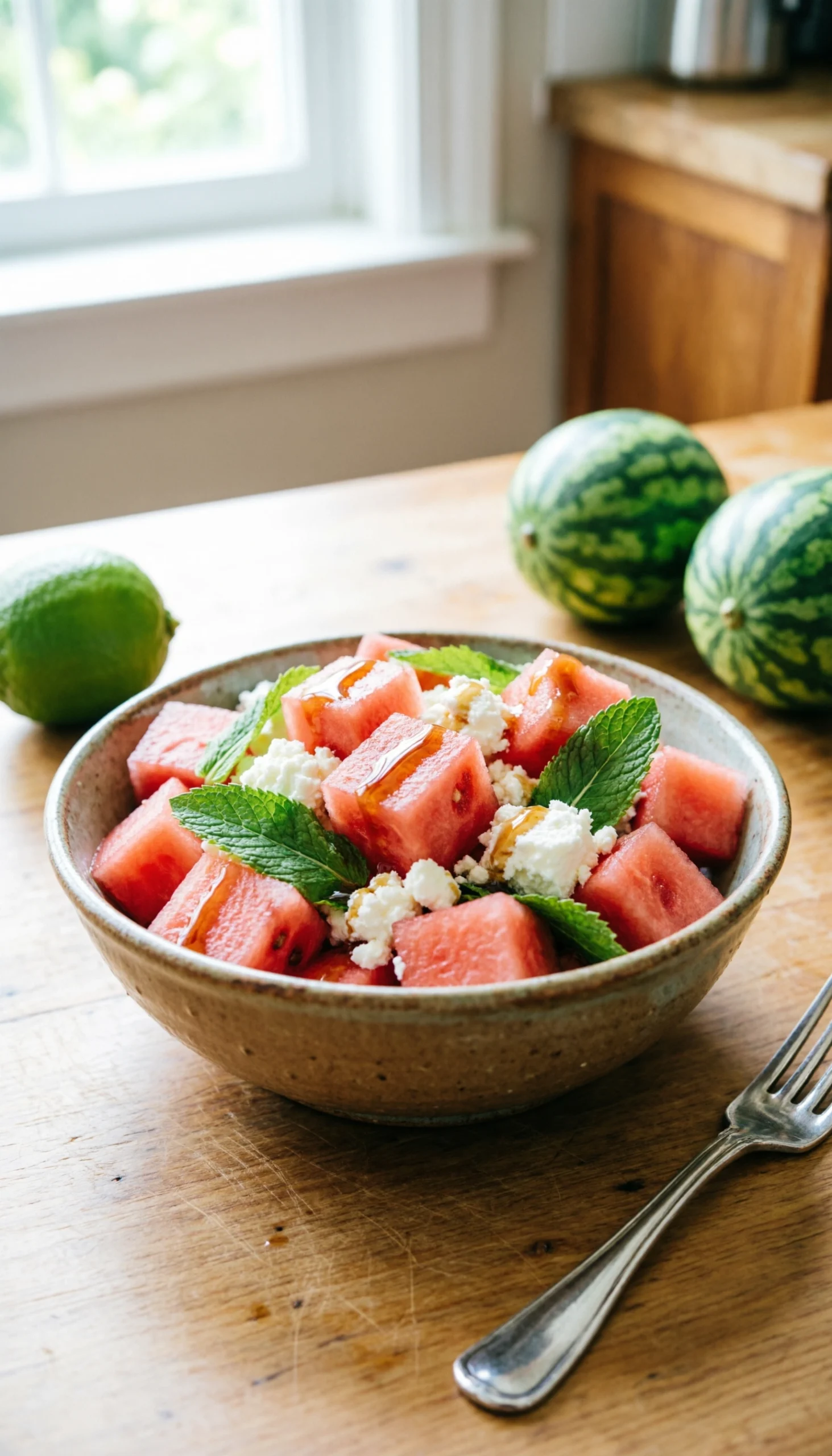 Fresh watermelon and feta salad with mint and balsamic glaze on a rustic wooden table in a bright kitchen.