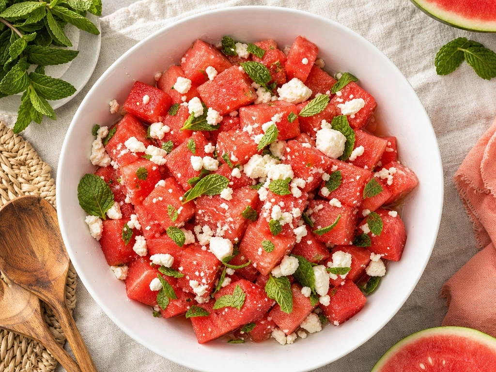 Fresh watermelon and feta salad with mint leaves in a white bowl on a linen tablecloth for a summer picnic.