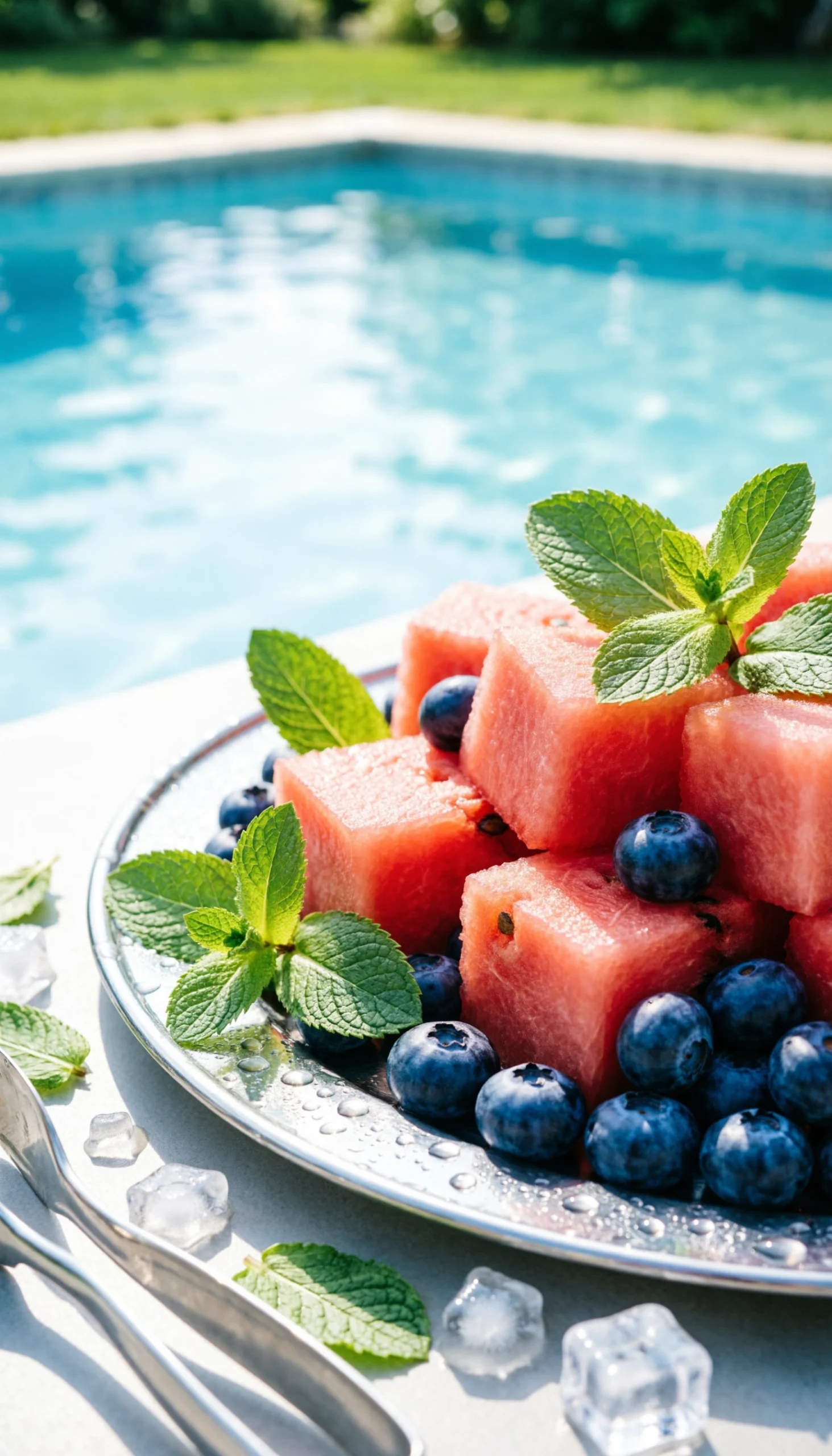 Fresh watermelon and mint fruit platter with blueberries on a chilled, iced serving tray in a summer setting.